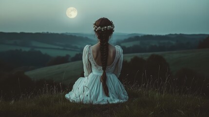 A photograph of an English woman sitting on top of a grassy hill in the moonlight