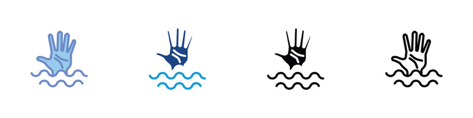 Drowning Hand Icon – Emergency Help Request Symbol – SOS Distress Signal Vector Set in Line, Glyph, Flat, and Color Styles
