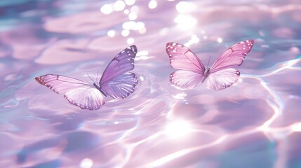 Pink transparent water and two pink butterflies floating on the surface of a sparkling, clear and transparent light purple lake. 
