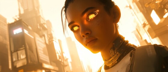 Woman with glowing eyes in a futuristic city