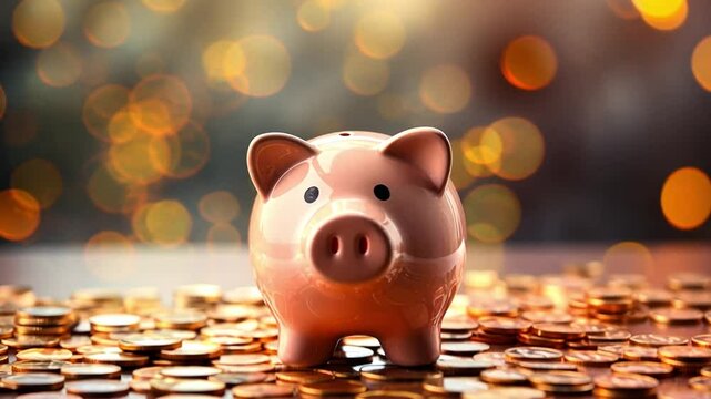A pink piggy bank stands on a surface scattered with gold coins. The background features a soft bokeh effect with warm, glowing lights.