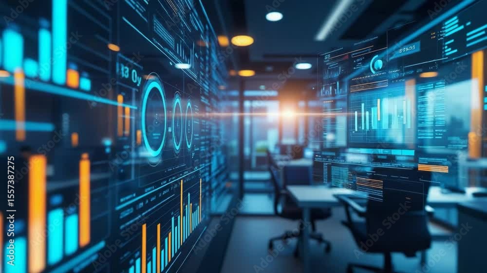 Poster data analytics interior: a cutting-edge interior featuring a display of real-time data visualization