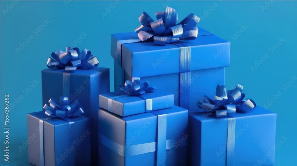 Poster a stack of blue boxes with bows on top. the boxes are stacked on top of each other
