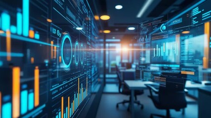 Data Analytics Interior: A cutting-edge interior featuring a display of real-time data visualization dashboards, illuminating the concept of technology and the complexities of the digital age. - Powered by Adobe