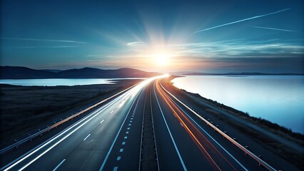 Night highway traffic blurs with streaks of car lights, evoking fast travel on an asphalt motorway