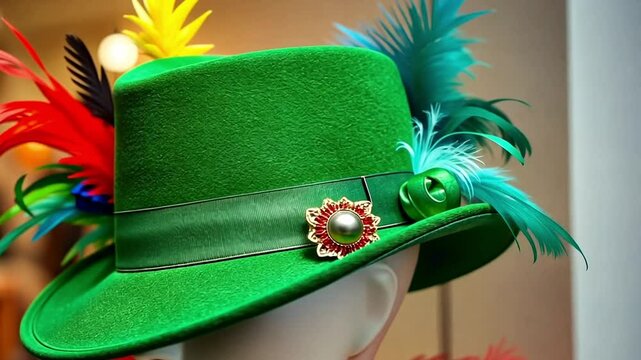A vibrant green hat adorned with colorful feathers and a decorative flower. The hat is displayed on a mannequin, showcasing its unique design and festive appeal.