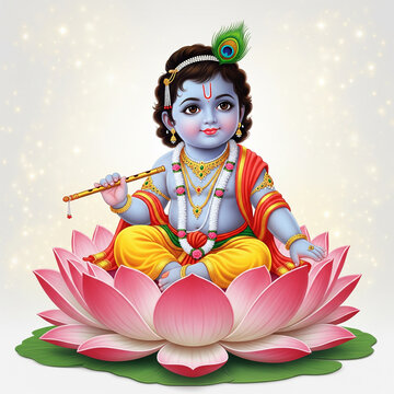 Baby Krishna Sitting on Lotus Holding Flute Isolated on White