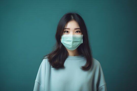 Studio portrait of a young asian woman wearing a protective face mask, promoting health and safety measures