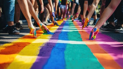 Hands painting a rainbow crosswalk