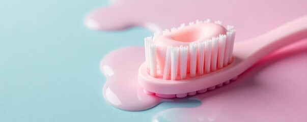 Obraz premium Pastel shower gel, toothbrush on soft backdrop, pink, calm