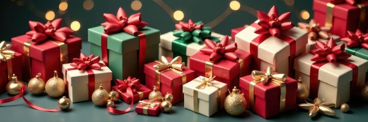 Obraz premium Pile of assorted Christmas gift boxes with bows, boxes, winter, wrapping