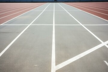 White lines marking the finish line of a gray running track in an outdoor stadium with a reddish brown track next to it