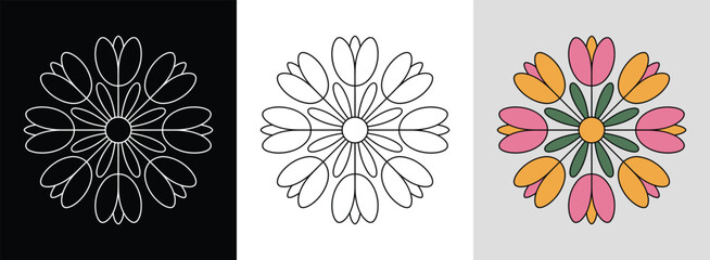 Mandala with symmetrical tulip petals and vibrant segments for bold floral decor.