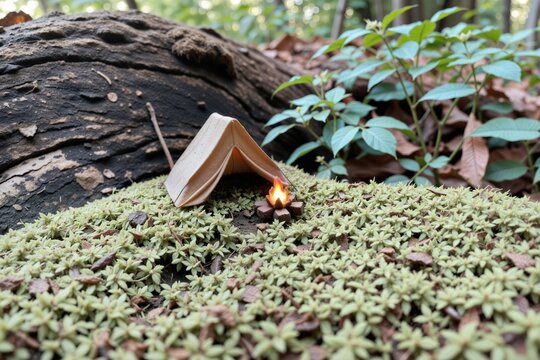Tiny Book Tent in Nature Surrounded by Green Moss and Leaves