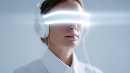 Futuristic female call center agent wearing glowing headset smart glasses. Woman uses virtual reality technology to work with data and customer service. AI tech support.