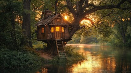 A wooden treehouse nestled beside a tranquil river at sunset.