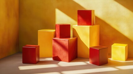Red And Yellow Cubes In Sunlight Minimalist Geometric Still Life 