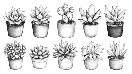 Hand Drawn Succulents in Black and White Pots
