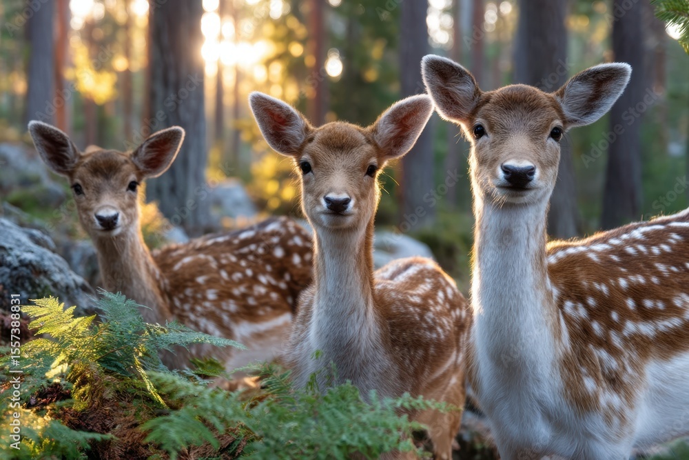 Poster group of three deer in a forest during golden hour with soft sunlight filtering through trees