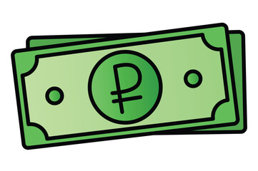 Flat Vector Russian Ruble Banknote Icon with Black Outline, Green Currency Symbol Graphic