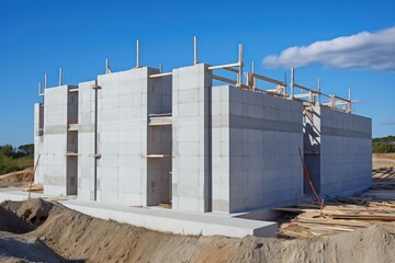 Construction site with prefabricated concrete wall panels forming the foundation of a residential building