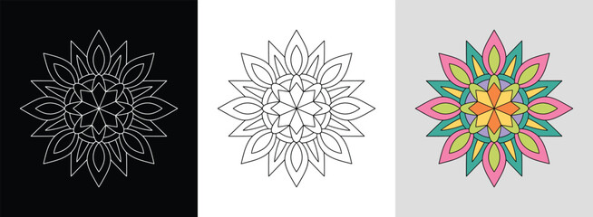 Ornamental mandala with star shapes and dynamic bright segments for vibrant decor.