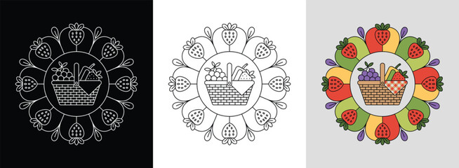 Picnic day mandala with fruits, baskets, and bright summer colors for cheerful decor.