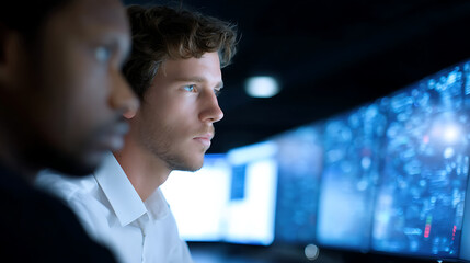Professional cybersecurity team monitors network traffic. Digital asset protection, threat prevention, data analysis. Technology, security, information system, incident response. Data safety,