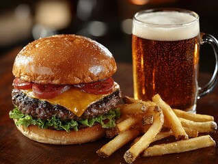 Classic cheeseburger and fries with beer. A juicy burger, topped with cheese, lettuce, tomato, and onion, sits beside a mug of light brown beer and a generous portion of golden french fries 