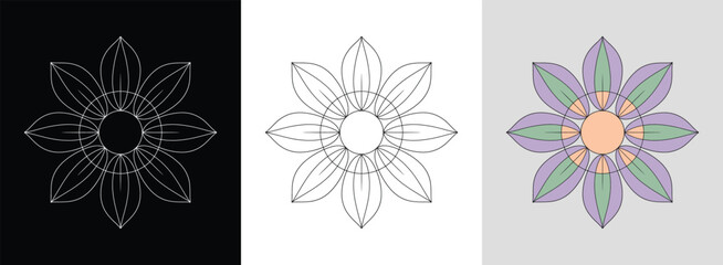 Simple lotus-inspired mandala with clean outlines and bold shapes for serene decor.