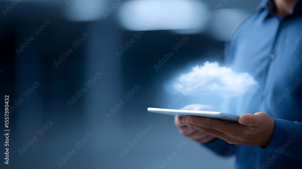 Poster person holds tablet displaying cloud computing concept. cloud tech visualized on tablet screen. digi