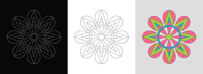 Simple symmetrical mandala with bright geometric lines and shapes for modern decor.