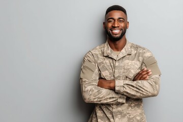Obraz premium Portrait of a smiling male soldier in a camouflage uniform, standing with his arms crossed over a grey background.