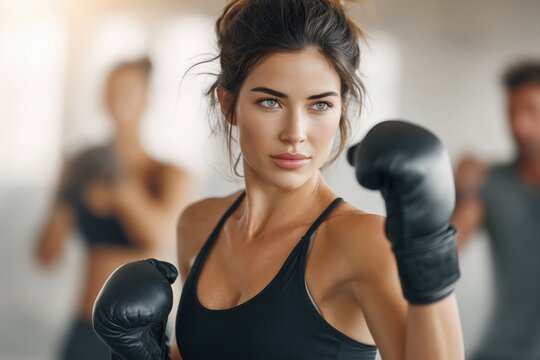 A photo of an attractive woman in her late thirties, wearing black athletic wear while doing shadow boxing technique with friends at the gym.