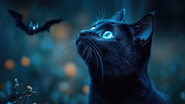 Intriguing black cat gazing at a bat in the twilight.