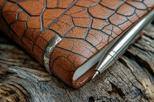 Close-up of a brown leather-bound notebook with a metal pen resting on a wooden surface.  The leather has a textured, cracked effect - Powered by Adobe