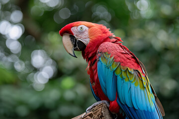 Fototapeta premium A vibrant scarlet macaw perched elegantly with dazzling red and blue feathers.