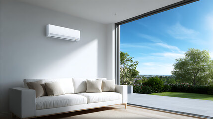 Modern living room features energy efficient air conditioner. White sofa with neutral pillows sits in front of large window overlooking patio. Mini split HVAC unit on wall. Open concept design with