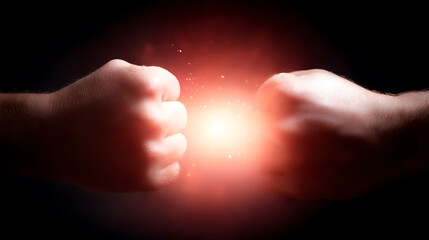 Two fists about to clash. Fire, sparks fly between. Conflict concept. Potential for disagreement, tension. Shows intense confrontation, potential for violence. Concept photo captures idea of