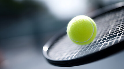 Close-up shot tennis racket hitting yellow ball on clay court. Image captures motion blur, showcasing impact of ball and dynamic action of tennis match. Tennis sport. Active lifestyle.