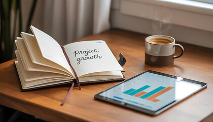 Open notebook with project growth text next to tablet and coffee on wooden desk