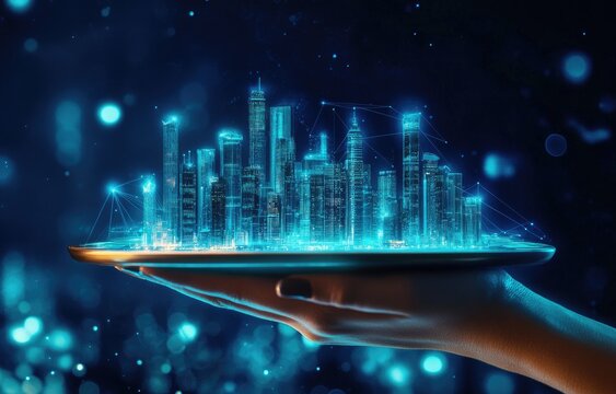Hand holding a tablet displaying a holographic city