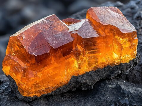 Close-up of a cluster of vibrant orange crystals on dark volcanic rock