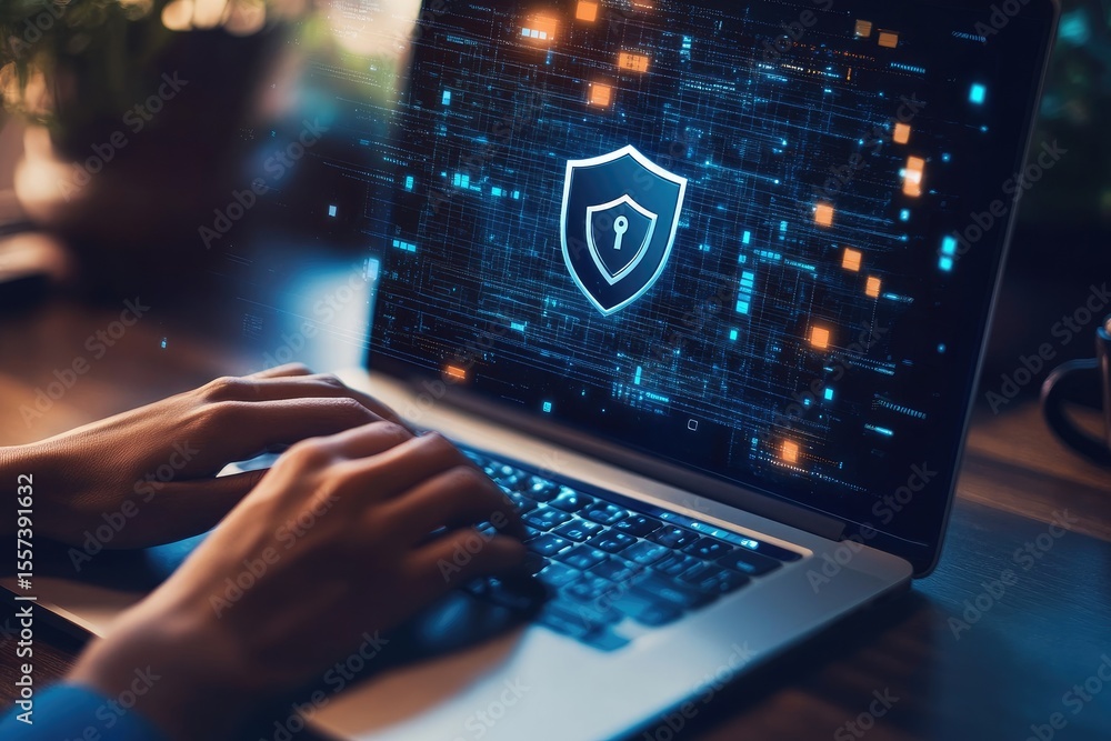 Poster laptop with security shield overlay. hands typing on keyboard