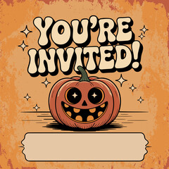 Retro Halloween Invitation with Smiling Pumpkin and Text "You're Invited!"