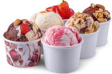 Set of vanilla and strawberry ice cream in paper cup isolated on white background