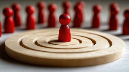 A lone red wooden figure stands in the center of a circular wooden maze with other red figures blurred in the background.