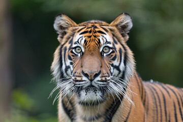 Fototapeta premium A majestic Bengal tiger gazes intently, showcasing its striking features and vibrant orange stripes.
