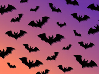 Pattern of flying black bats on pink to purple halloween gradient background