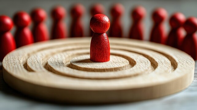 A red wooden pawn stands at the center of a wooden target, surrounded by multiple red pawns in the background, symbolizing focus or leadership.